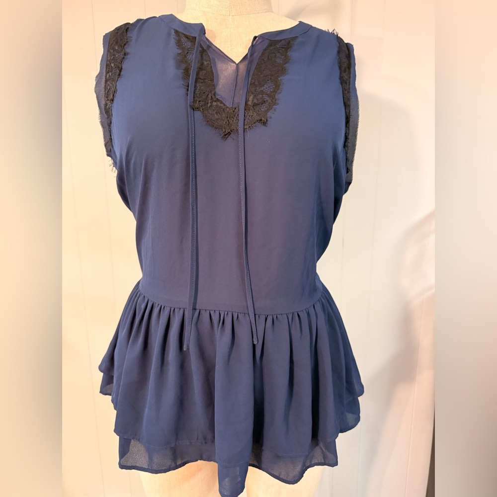 Lane Bryant Navy Sleeveless Blouse with Black Lace